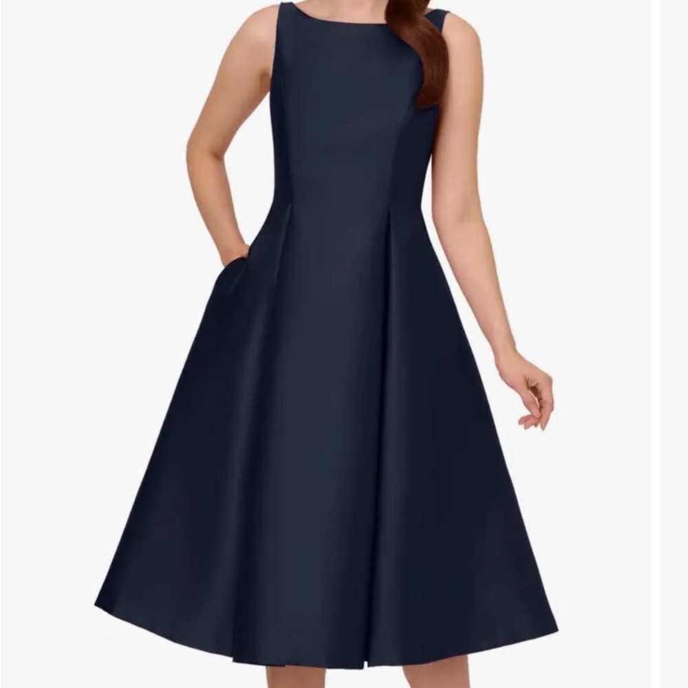 Adrianna Papell Mikado Fit and Flare Midi Dress in Midnight. Size 8